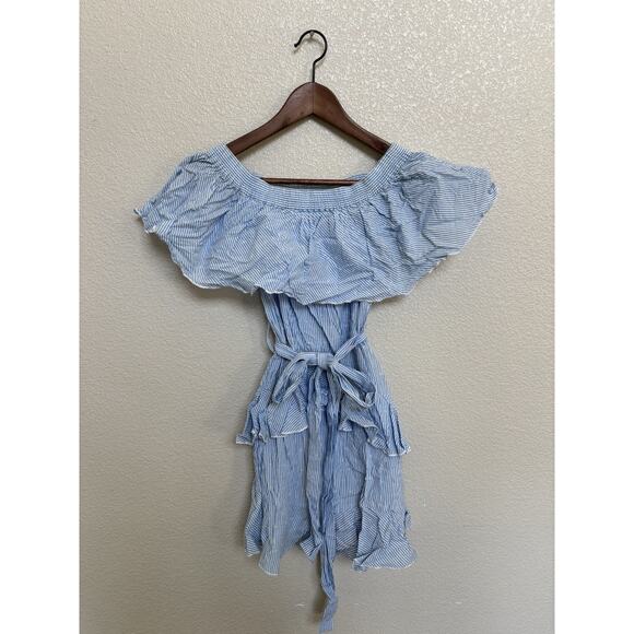 Topshop Blue & White Pinstripe Frill Bardot Ruffled Mini Dress size 4 boho date - Picture 3 of 9